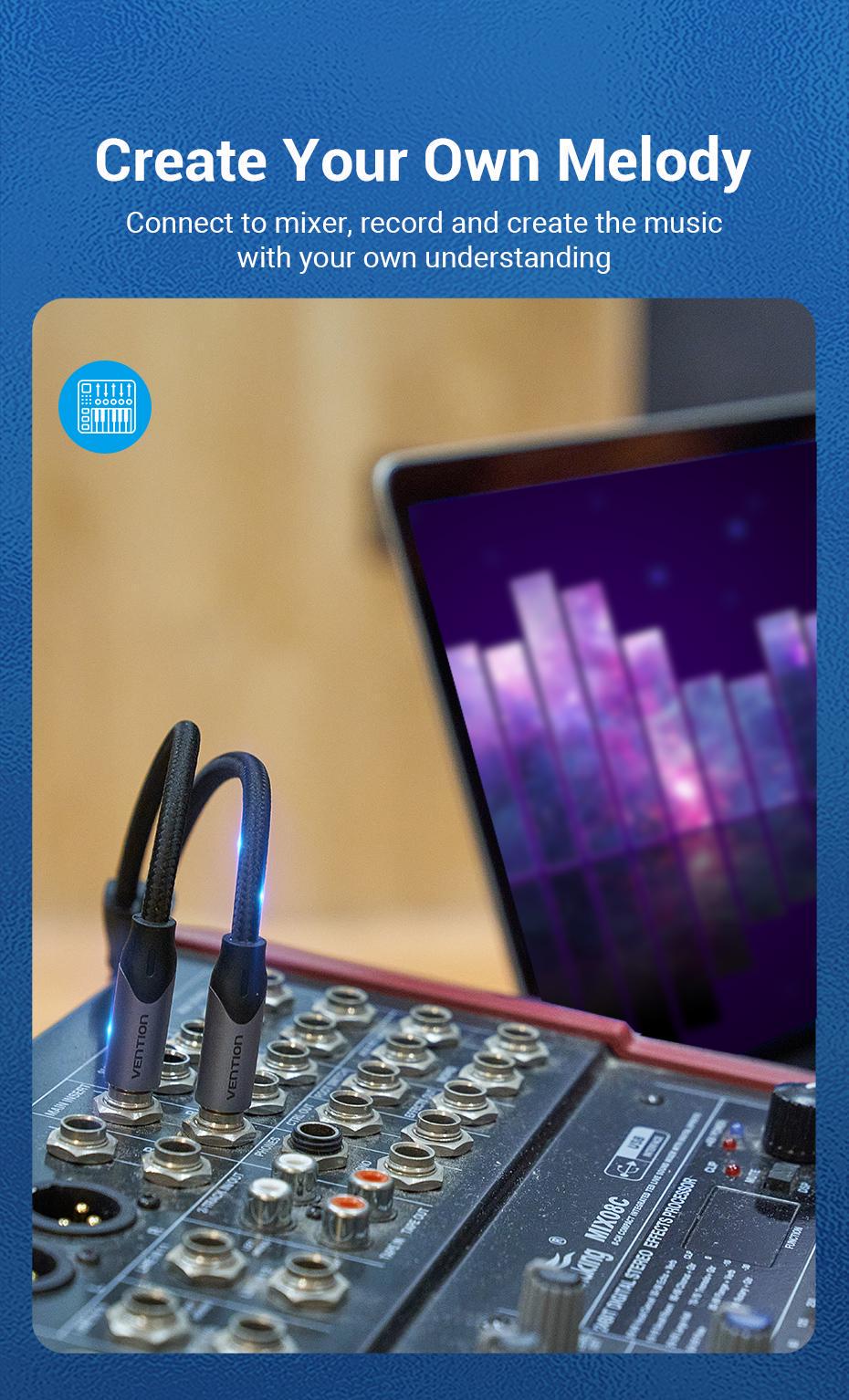 Кабель Vention 2м 2x 6,5 мм Jack-3,5 мм minijack HiFi AUX на 6.35 мм TRS L/R Канали TS 1/4" на TRS 1/8" в нейлоновій оплітці Чорний (BARHH) - фото 9