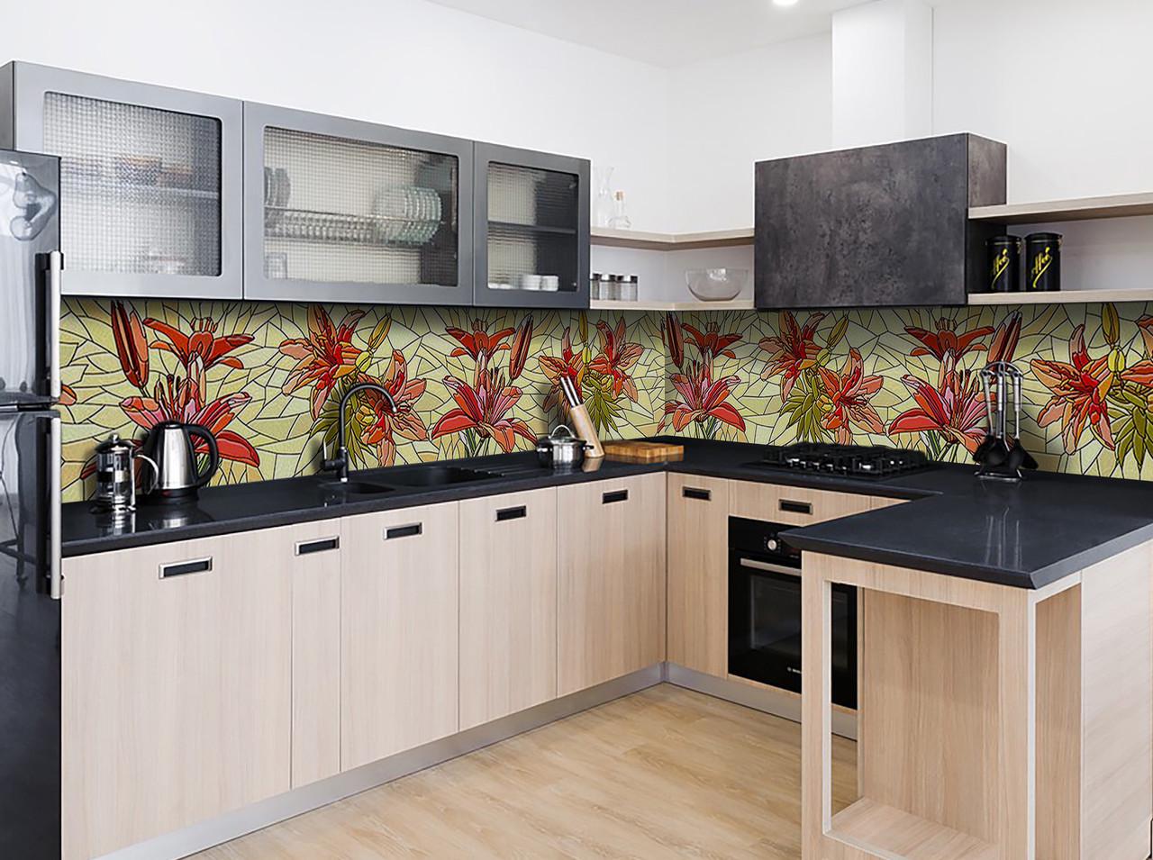 Кухонный фартук Витраж лилии из самоклеющейся виниловой пленки 60х250 см Красный