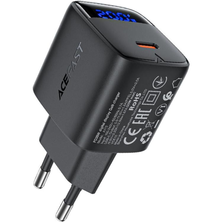 Зарядное устройство для Acefast A113 1xType-C 20W 3A Gan Fast Charger with digital display Black (6974316284413)