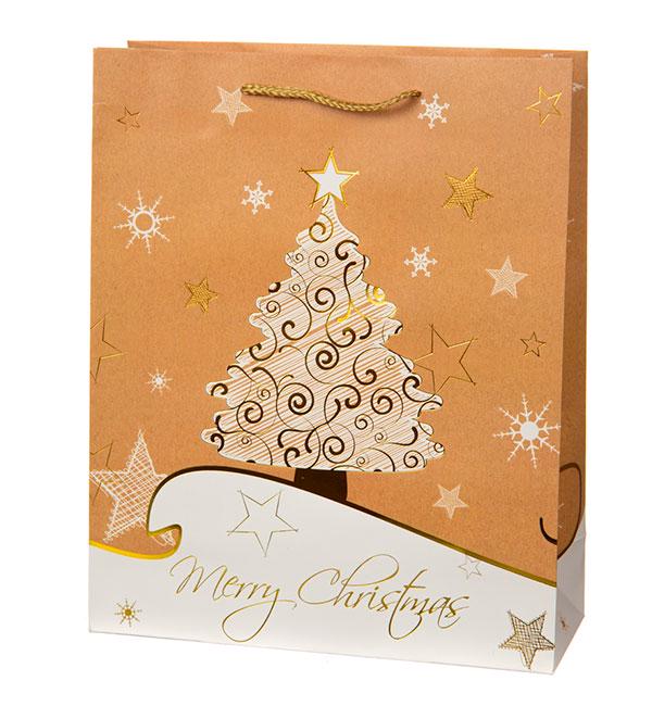 Новогодний пакет Christmas tree 30х40х12 см крафт (514729)