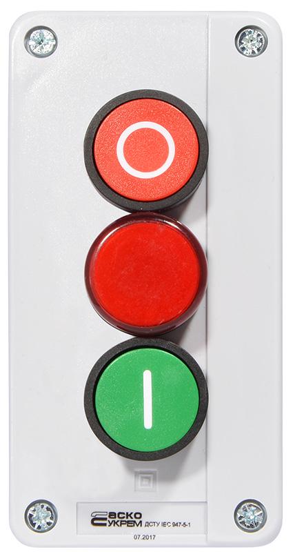 Пост трехместный АСКО-Укрем XAL-B373 Старт-Стоп-Сигнал 2.5А 220V 1NO+1NC IP54 индикатор Красный (A0140020009)