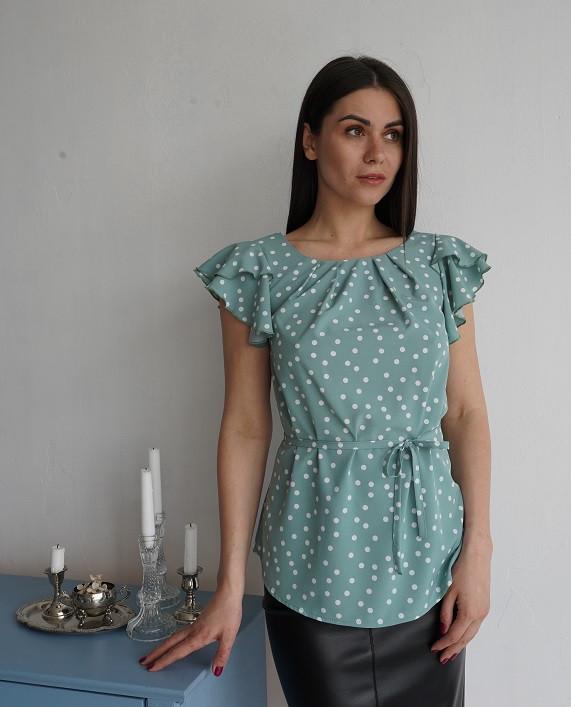 Блузка женская Актуаль с поясом в горошек белый софт р. 44 Фисташковый (002)