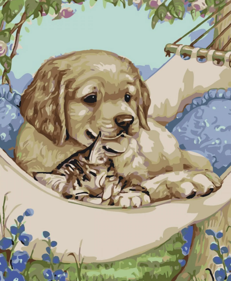 Картина по номерам Strateg Премиум Друзья в гамаке с лаком и уровнем 30x40 см (SS-6404)