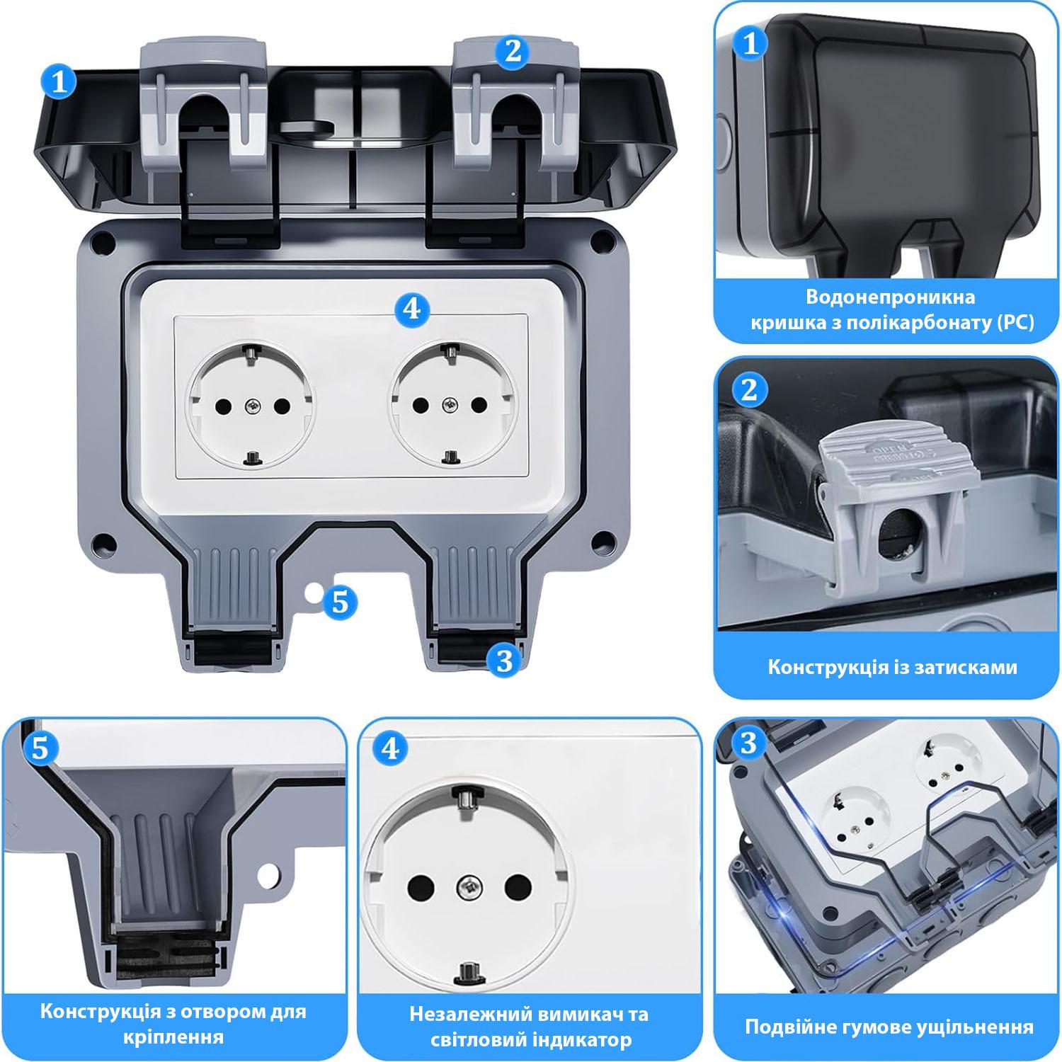 Розетка Premium подвійна IP66 водонепроникна Сірий (52361) - фото 13
