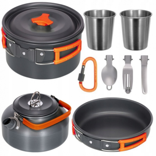 Туристический набор посуды Camping Cooking DM-308 с чайником/сковородом/котелком и карабином 9 предметов (РН00290)