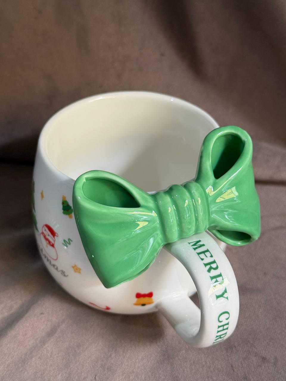 Чашка новогодняя Olens 20715-1 керамическая с ложкой 400 мл Белый с зеленым
