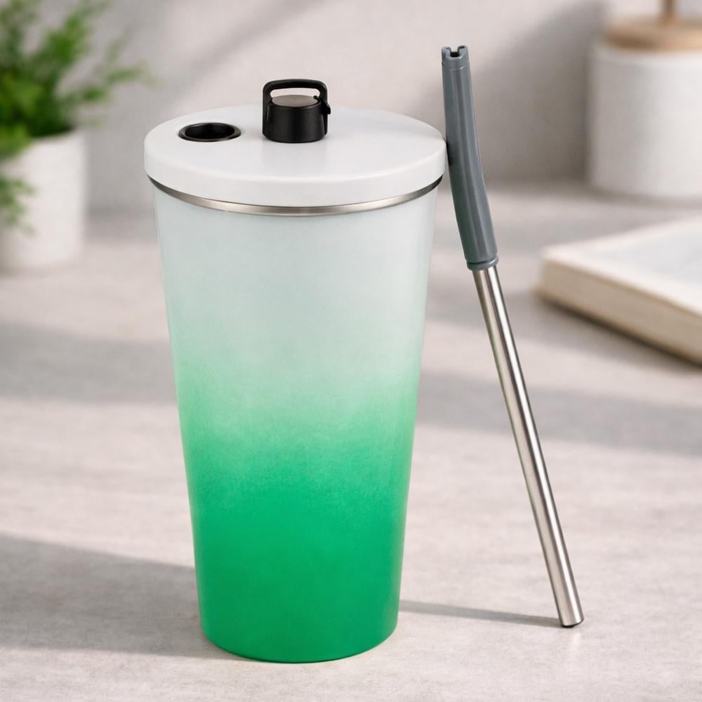 Термокружка 124708 600 мл из нержавеющей стали 304 с трубочкой и крышкой Зеленый
