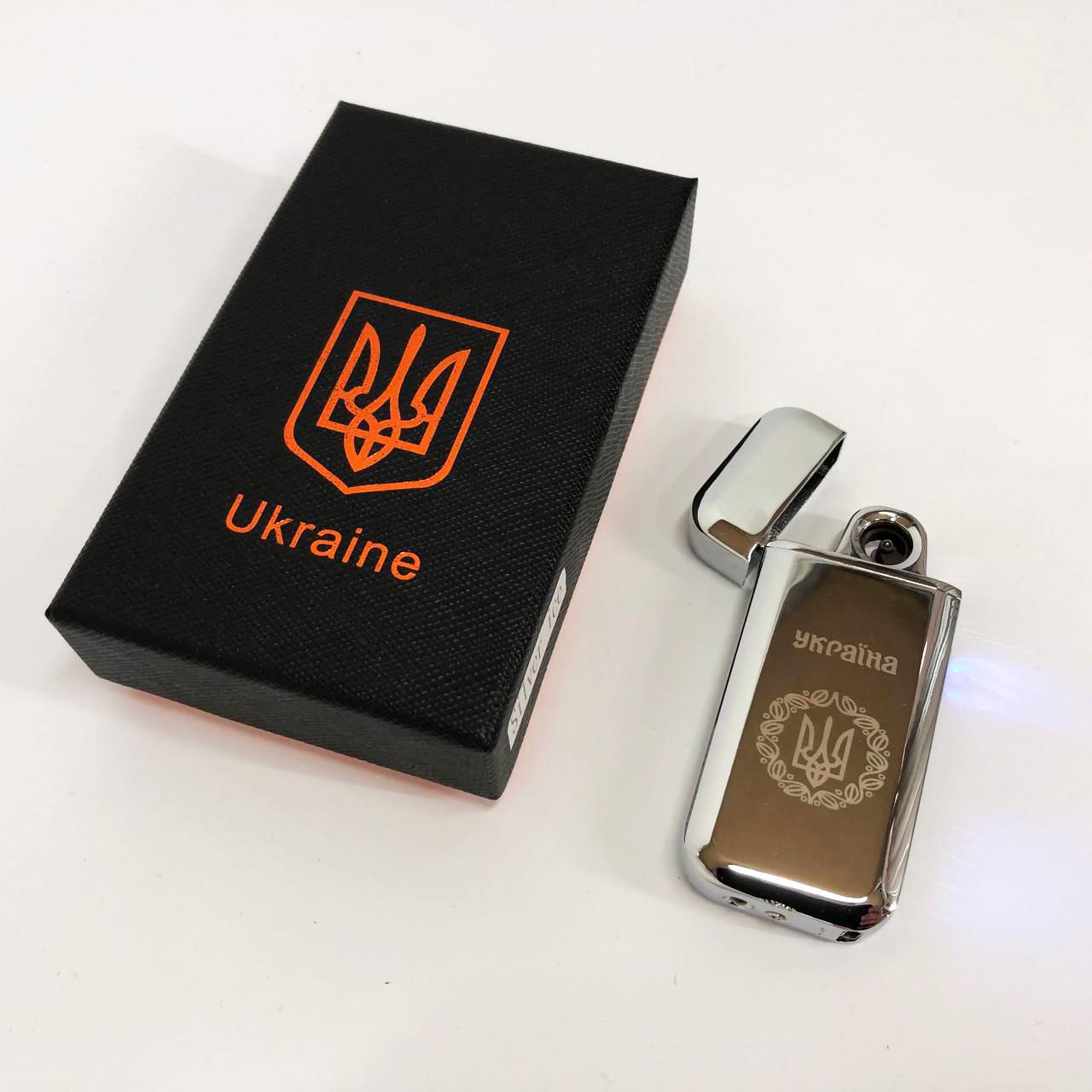 Зажигалка дуговая электроимпульсная зажигалка /USB Герб Украины индикатор заряда/фонарик Серебряный (HL-442) - фото 5
