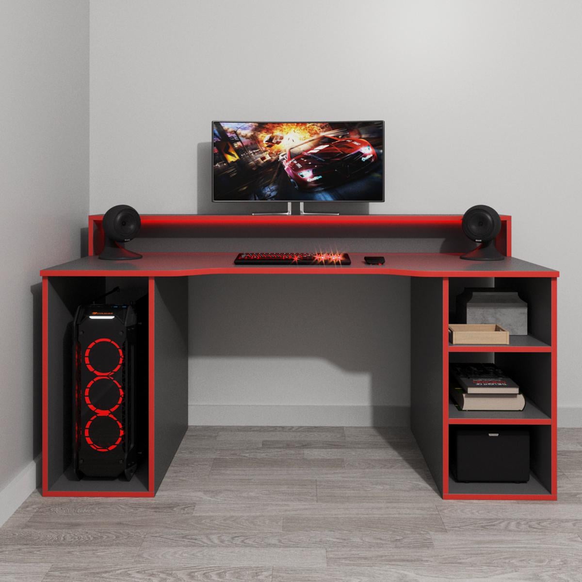 Компьютерный стол Mebellini Маршал Universal 1200х710/860х600 мм Антрацит с красной кромкой (арт.SKEP1000-032)