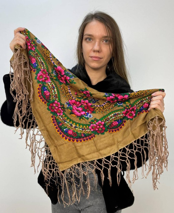 Платок Цветы и тороками 80х80 см Кофейный (29411550)