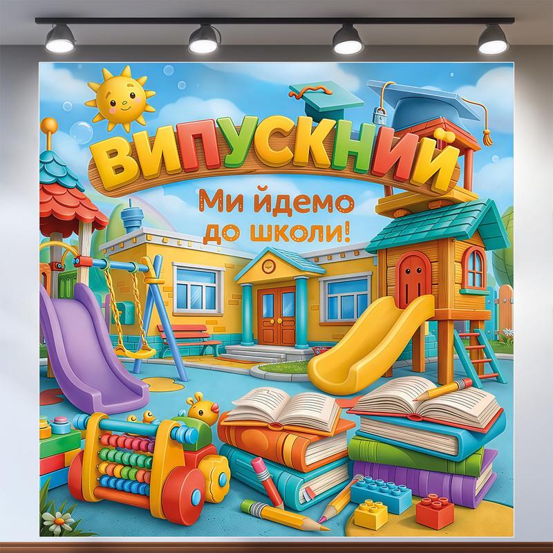 Баннер для фотозоны "Випускний Ми йдемо до школи" с детской площадкой и солнцем 120х120 см