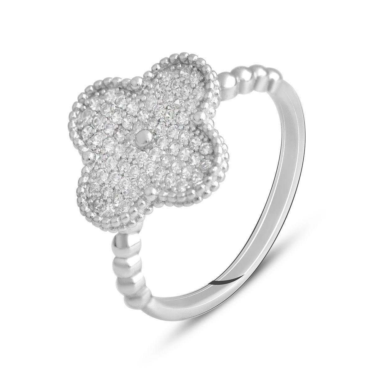 Каблучка срібна з фіанітами у формі чотирилисника р. 17