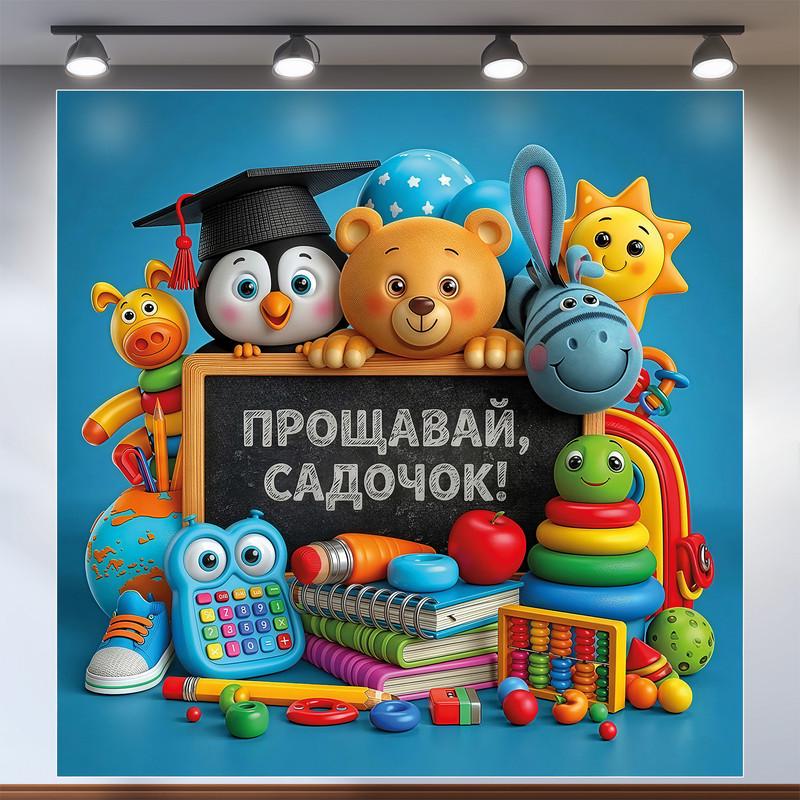 Баннер для фотозоны на выпускной в детский сад "Прощавай садочок" со зверьками и игрушками 200х200 см