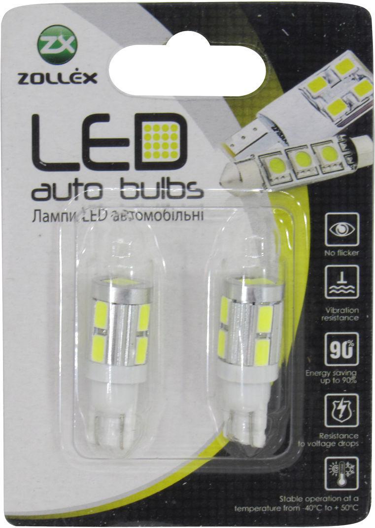 Лампочка без цоколя LED T10_W5W SMD Белый 10-диодный 12V W2.1x9.5d Zollex 2 шт. T11136