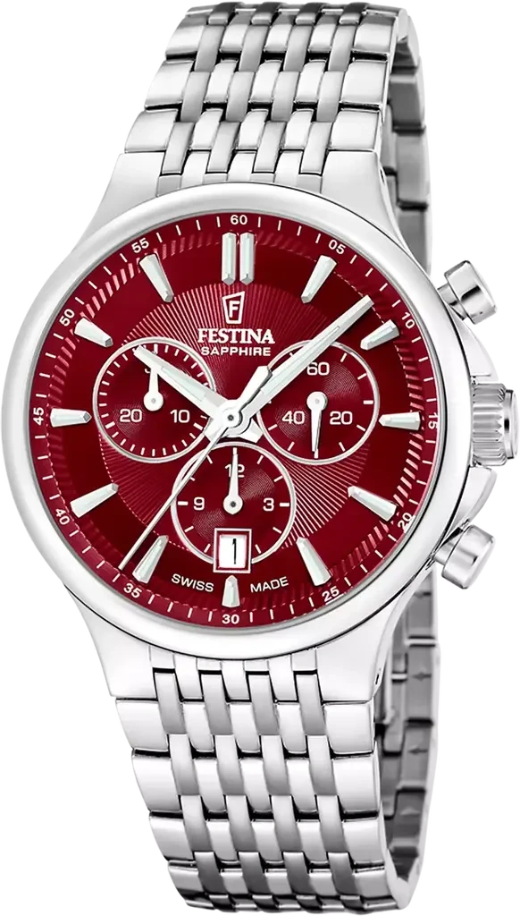 Наручний годинник чоловічий Festina Chrono Swiss Made F20093/5 з сталевим корпусом та червоним циферблатом