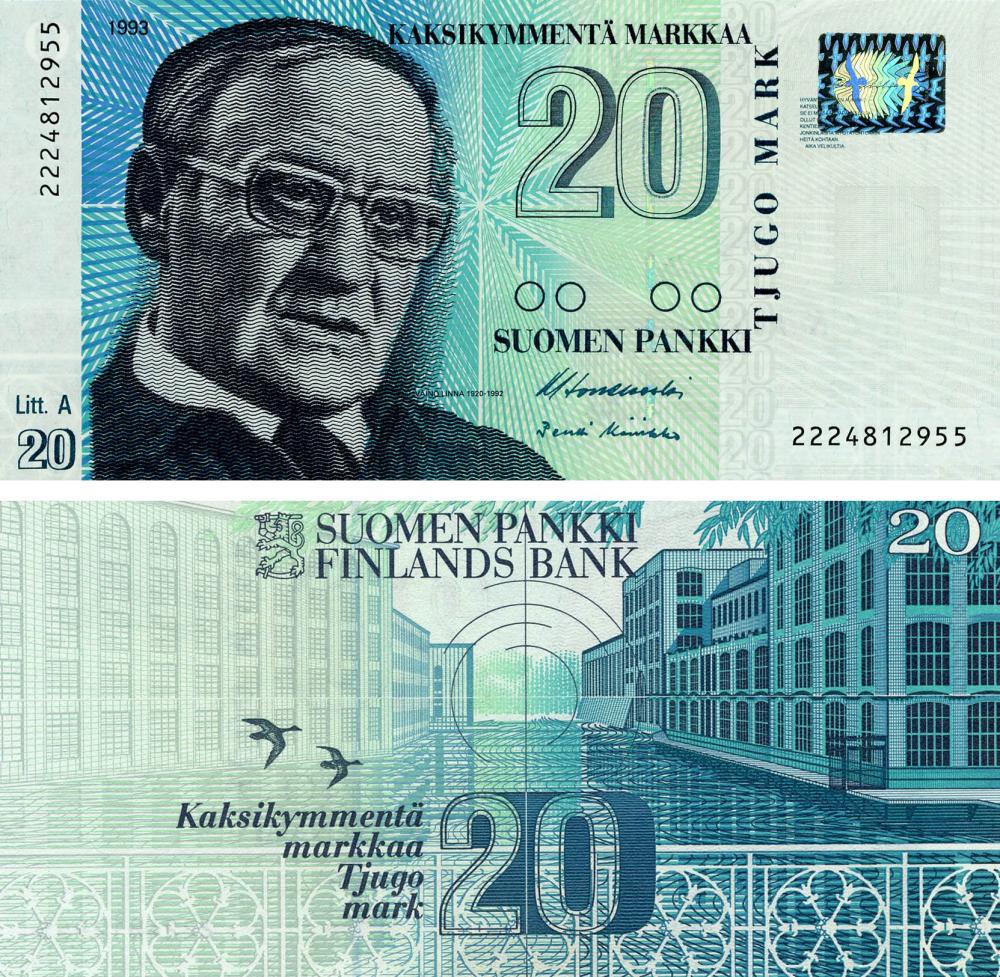 Коллекционная банкнота Финляндия 20 марок 1993 UNC P1224 (Б19170) Коллекционная банкнота Финляндия 20 марок 1993 UNC P1224 (Б19170)