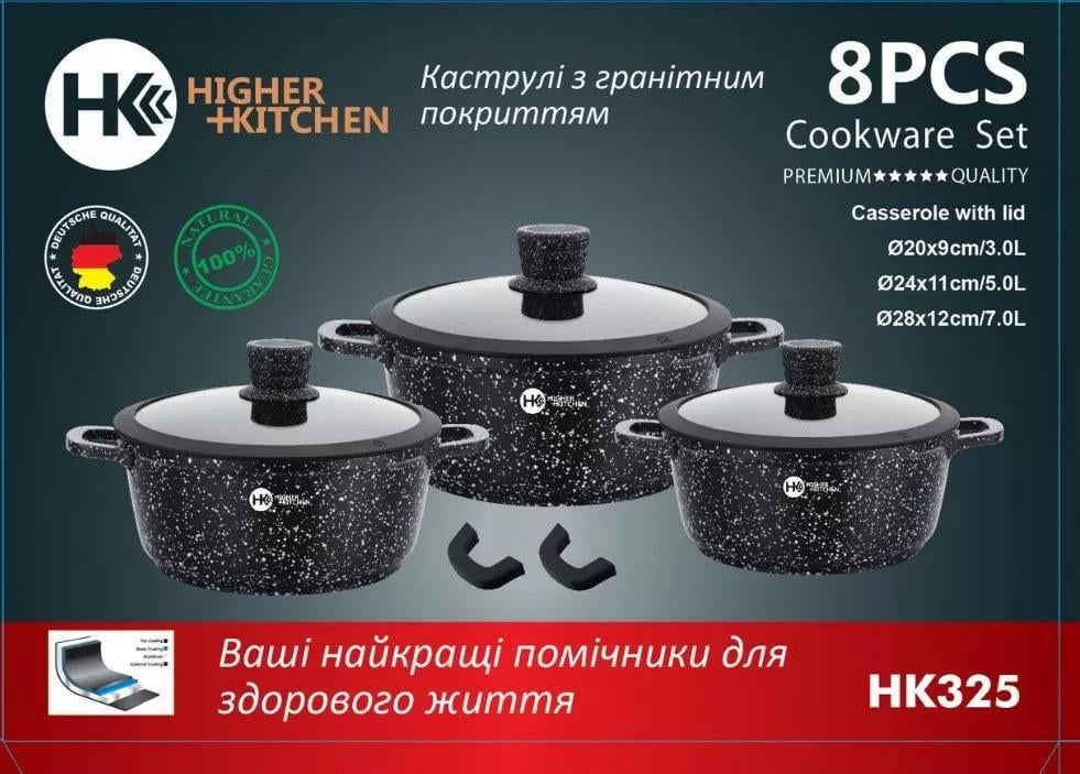 Набір каструль Higher Kitchen HK 325 із гранітним антипригарним покриттям 8 предметів 20/24/28 см Чорний (325А) - фото 2 Набір каструль Higher Kitchen HK 325 із гранітним антипригарним покриттям 8 предметів 20/24/28 см Чорний (325А) - фото 2
