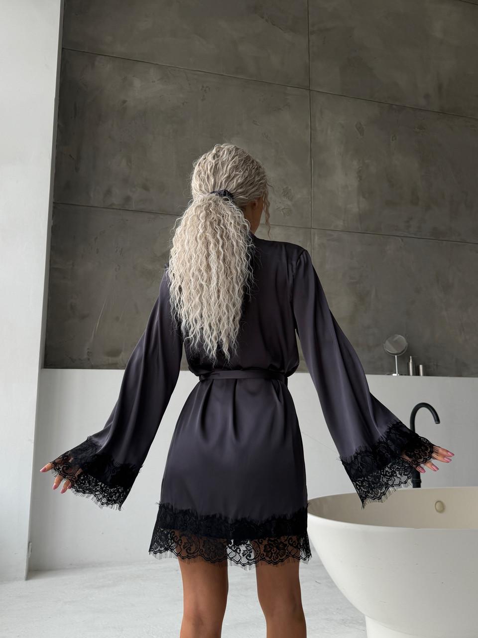 Халат женский шелковый с кружевом Графит (2533884044) - фото 5 Халат женский шелковый с кружевом Графит (2533884044) - фото 5