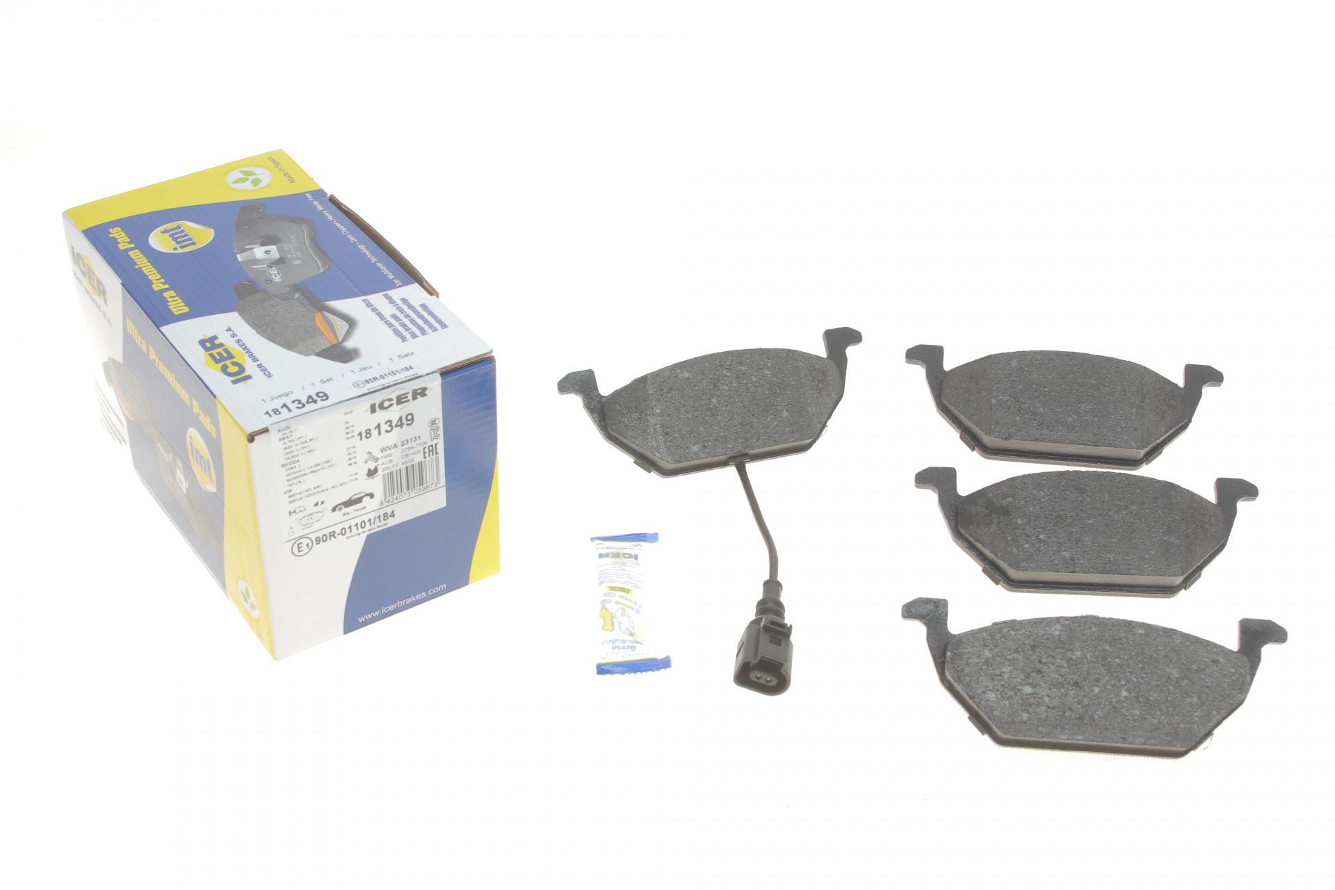 Тормозные колодки передние ICER для Audi A3/Skoda Fabia/Octavia 96-13/VW Caddy 04-15/Golf 97- с датчиком (181349)