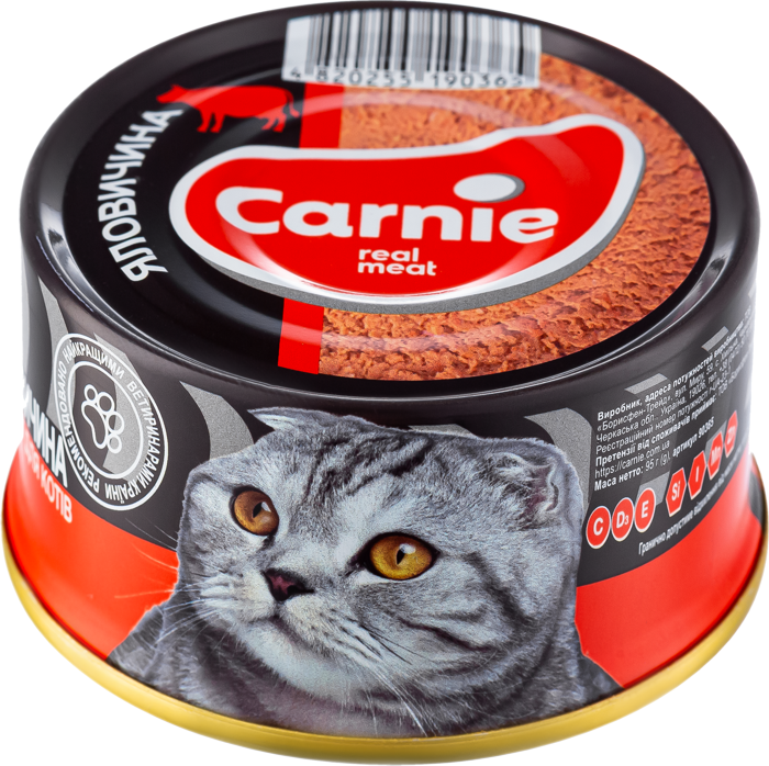Корм вологий для дорослих кішок Carnie паштет м'ясний з яловичиною 90 г (4820255190464)