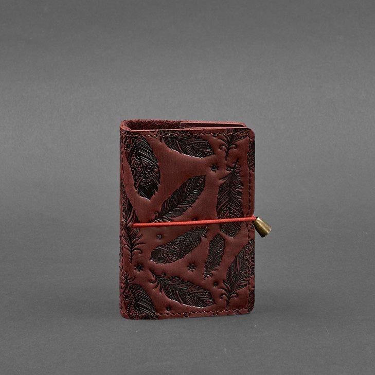 Кард-кейс женский кожаный 7.0 с перьями Бордовый (A-026158) - фото 6
