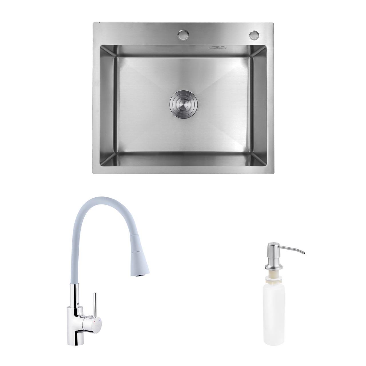 Комплект кухонна мийка Kroner Gebürstet-6050HM/змішувач Küche-C031GRA/дозатор Spender-016 (2669564666)