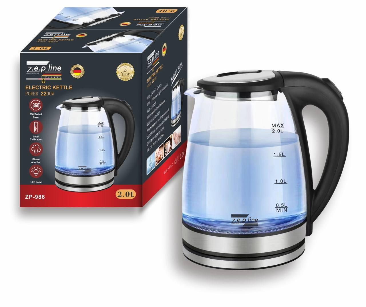 Чайник электрический стеклянный Zepline ZP-986 с подсветкой 2200 Вт 2 л Черный (986А) - фото 4 Чайник электрический стеклянный Zepline ZP-986 с подсветкой 2200 Вт 2 л Черный (986А) - фото 4