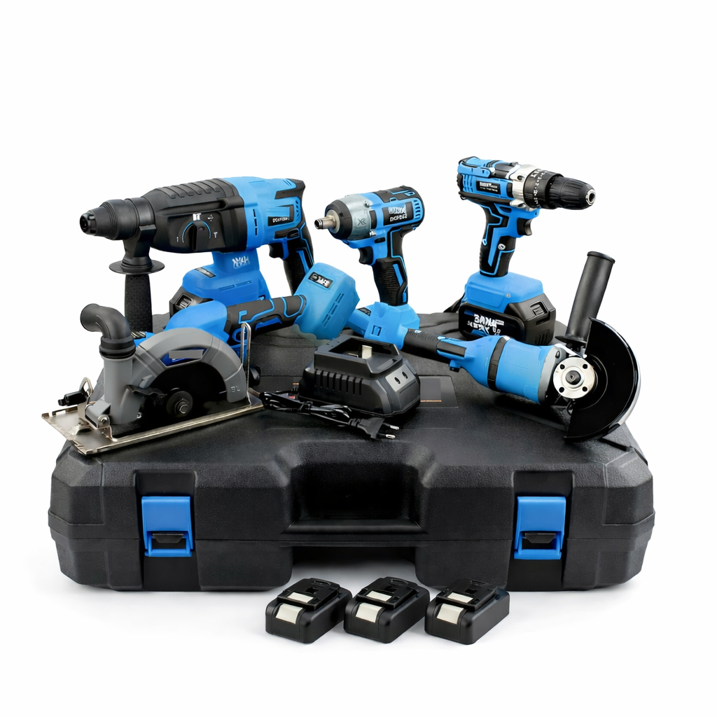 Набір електроінструментів 5в1 перфоратор/гайковерт/шуруповерт/болгарка та циркулярна пилка 4 акумулятора Синій (opt-106710)