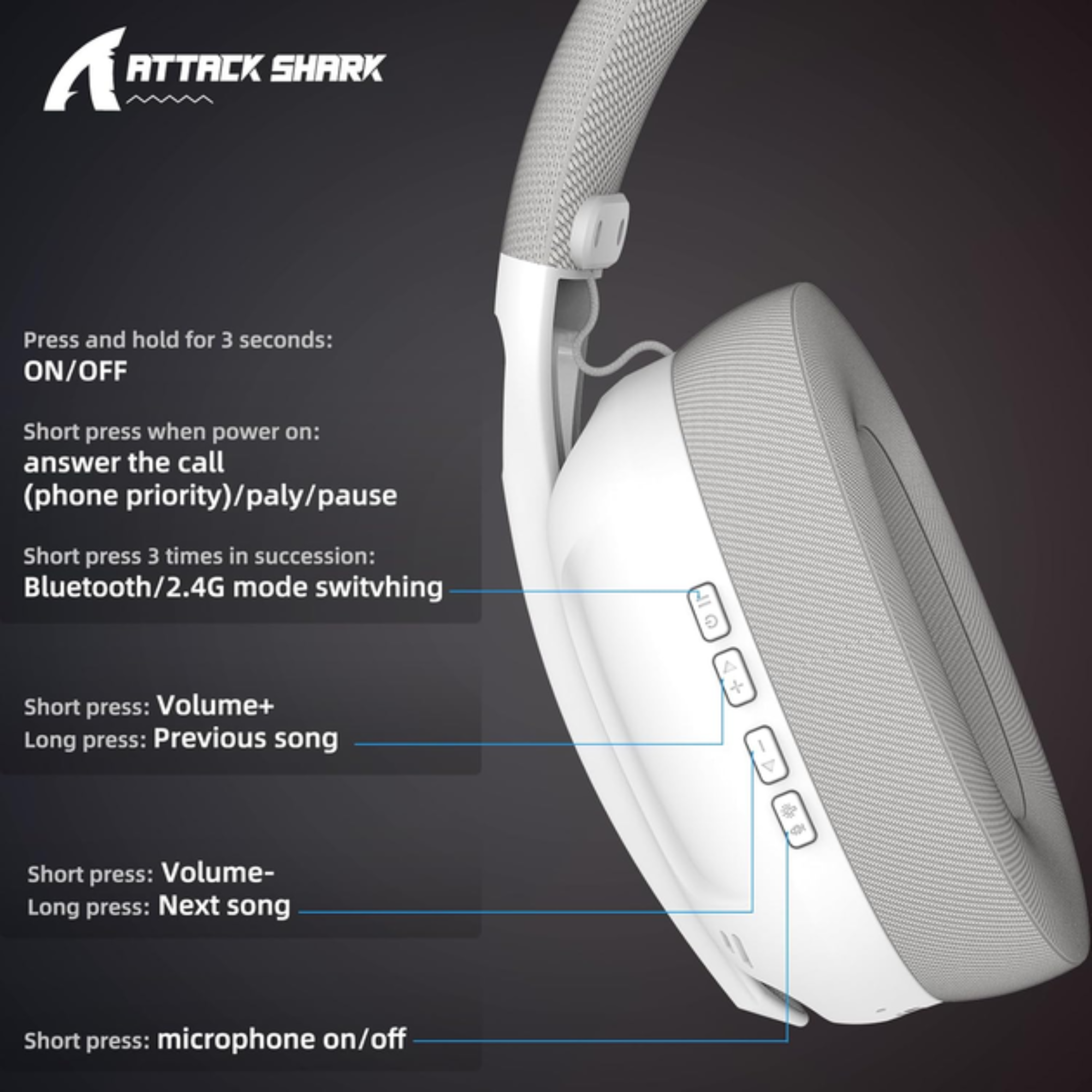 Гарнитура беспроводная Attack Shark Bluetooth/2,4G L80 White (25860537) - фото 3 Гарнитура беспроводная Attack Shark Bluetooth/2,4G L80 White (25860537) - фото 3