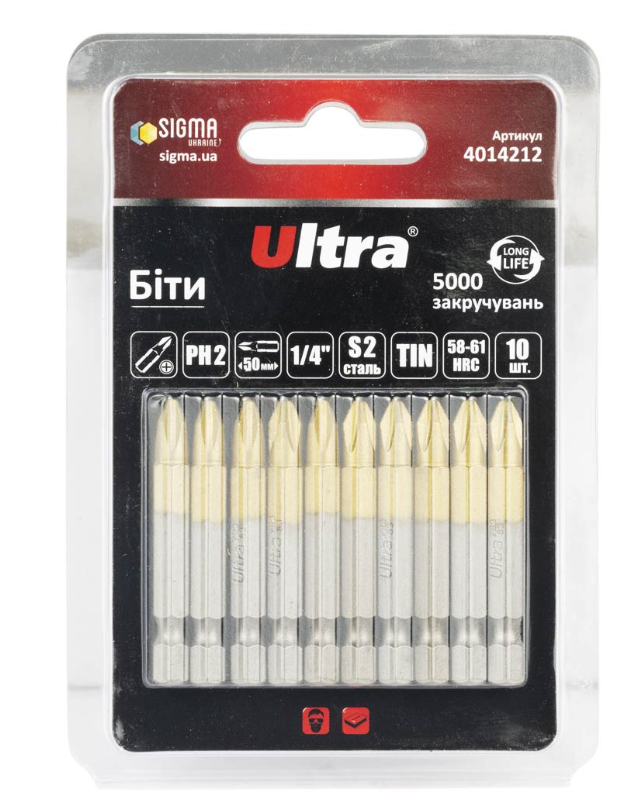 Біти Ultra PH2x50 мм 1/4" 10 шт. S2 TIN в блістері (4014212)