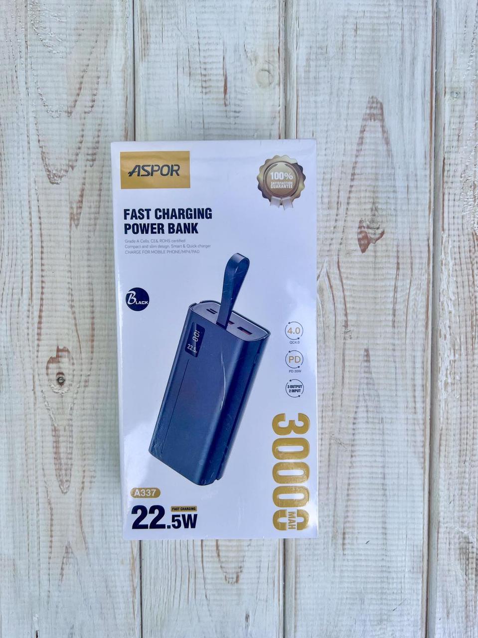 Повербанк Aspor A337 с LCD-дисплеем PD 20W QC4 30000 mAh 22,5W Черный (2360231138)