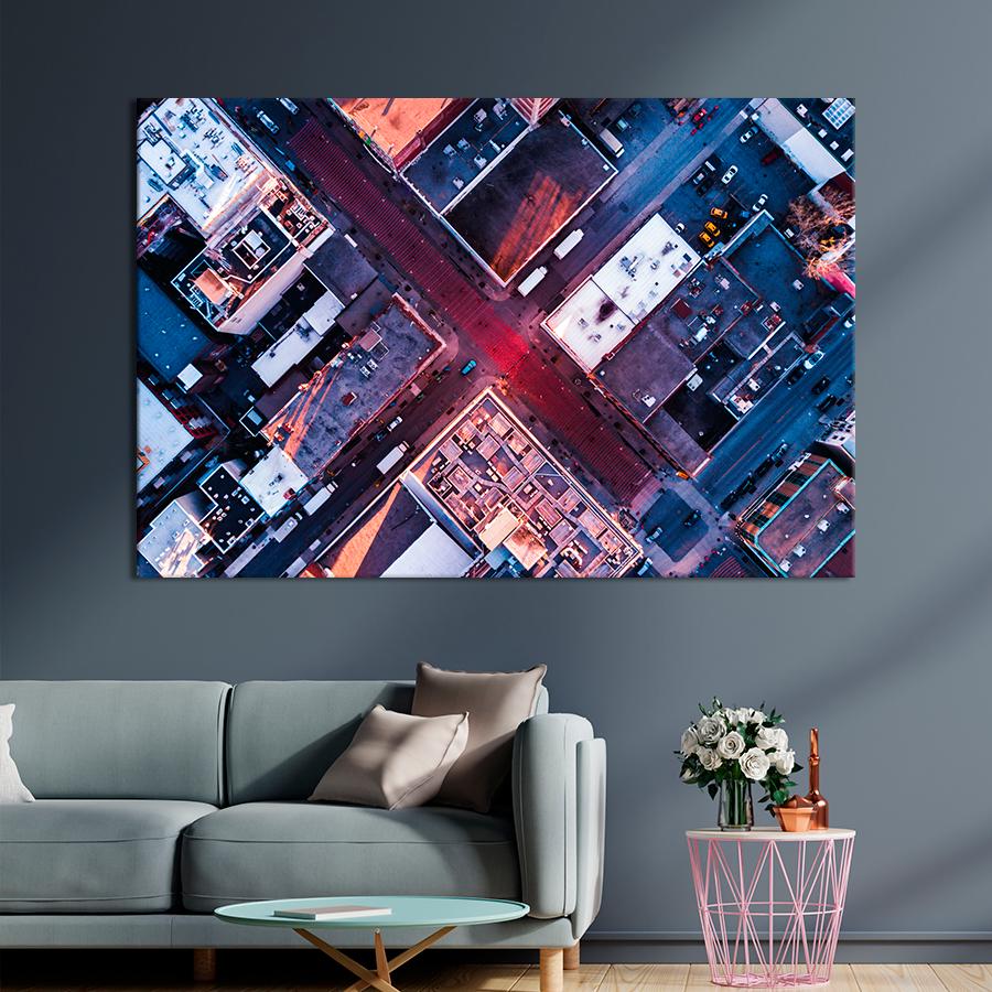 Картина город Рассвет над зданиями города 80x54 см (A557-1)