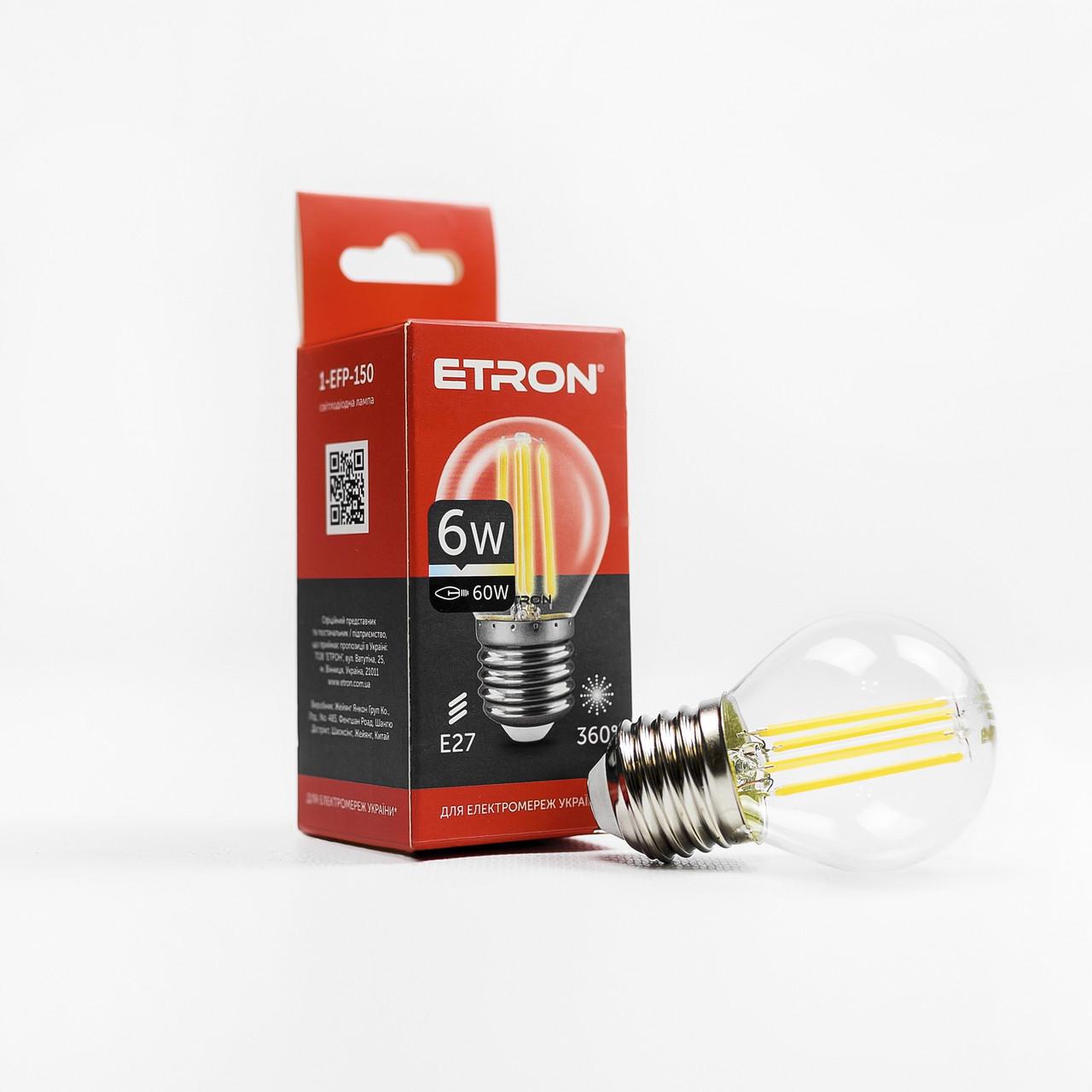 Филаментная LED лампа ETRON Шарик 6W G45 4200K E27 Прозрачный (Filament 1-EFP-150)