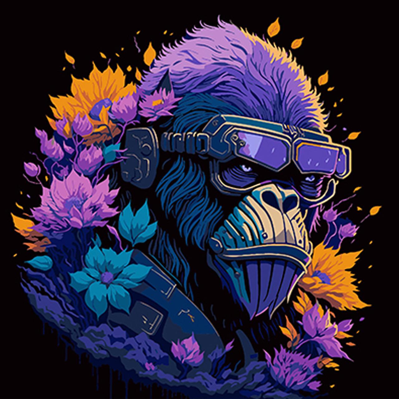 Картина за номерами Strateg Преміум Горила в окулярах і квітковій красі на чорному фоні 40х40 см (AV4040-38)