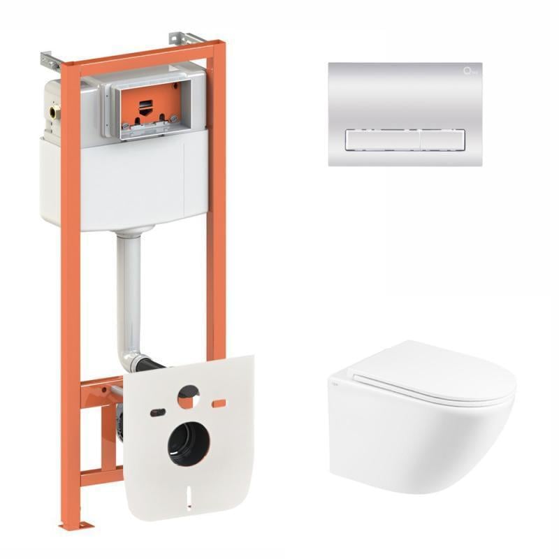 Комплект Qtap Robin Ultra Quiet подвесной унитаз QT1333046EUQW/инсталляция Nest/клавиша линейная Chrome (QT0133M425/QT0111M08381CRM)