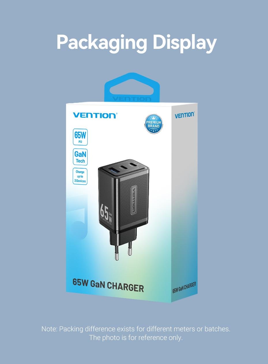 Зарядное устройство сетевое Vention GaN III PD 65W 2xType-C/1xUSB (30633832) - фото 5