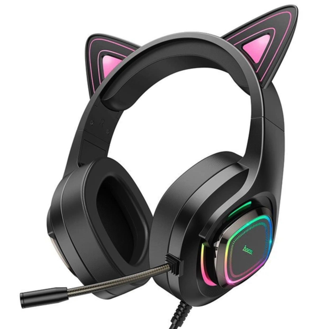 Наушники проводные игровые Hoco W107 с микрофоном и RBG подсветкой BLack/Pink