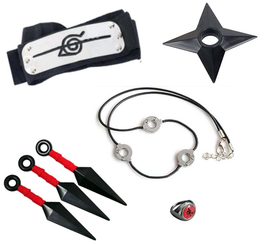 Игровой набор Итачи учеха куна налобный/протектор/кольцо цепочка/звезда-сюрикены l 5в1