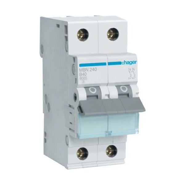 Автоматический выключатель Hager 2 полюса 6 kA тип B 40A MBN240 (74233)