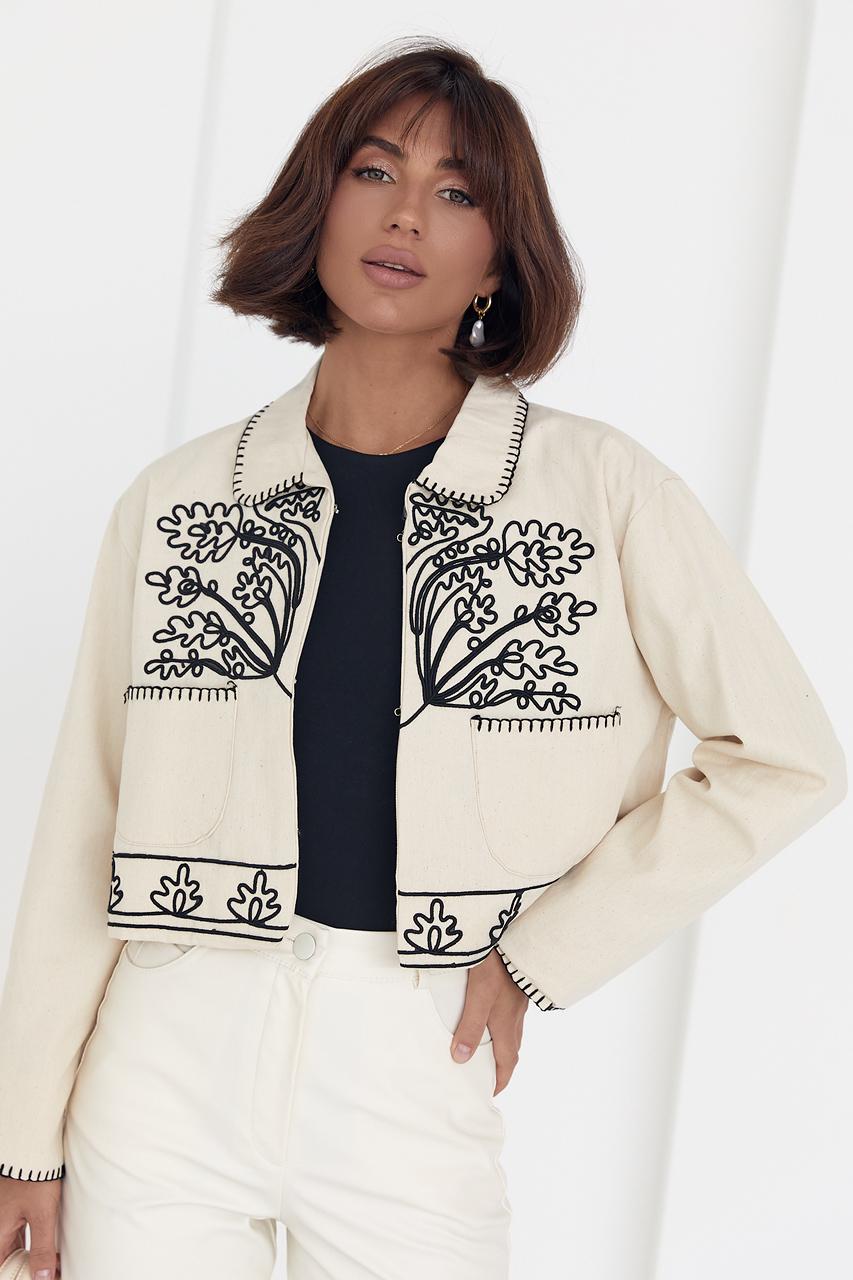 Жакет укороченный с вышивкой L Бежевый (12313284) - фото 5 Жакет укороченный с вышивкой L Бежевый (12313284) - фото 5