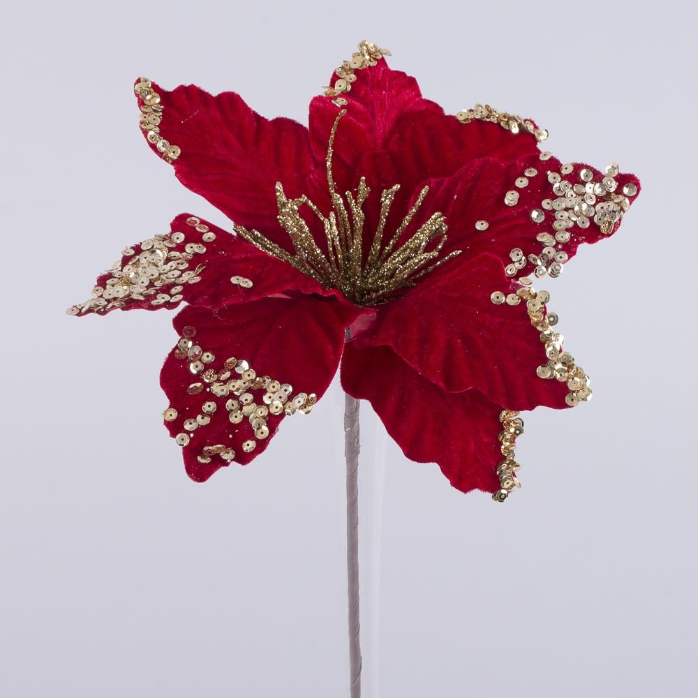 Искусственная пуансетия с паетками 32 см Красный (3413-2)