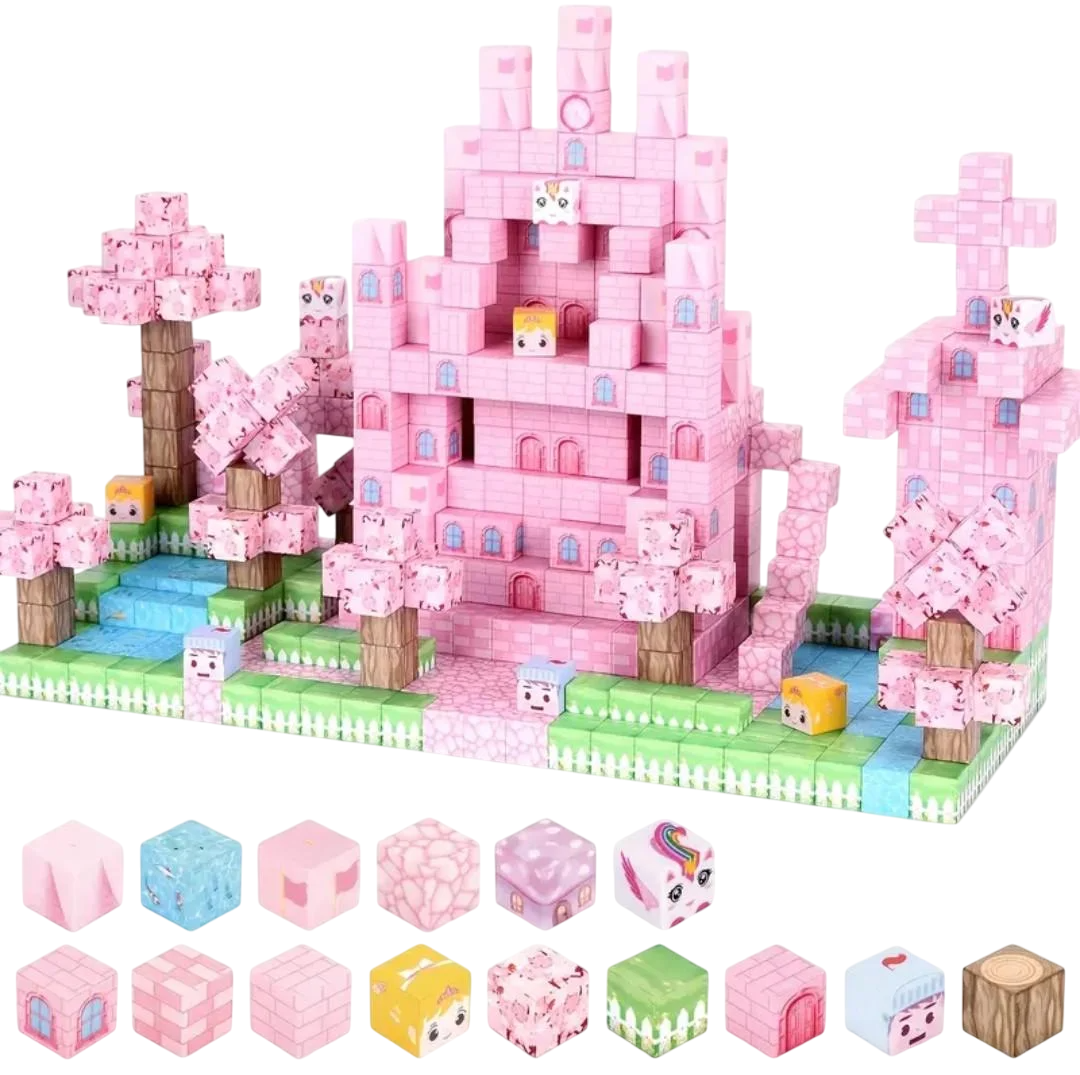 Конструктор магнітний Майнкрафт Рожевий замок з озерцем та рибками 108 кубиків