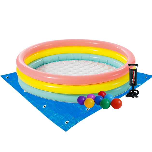 Бассейн надувной детский Радуга виниловый круглый с насосом/подстилкой и шариками 131 л 114х25 см Разноцветный (21-9-57412.2)