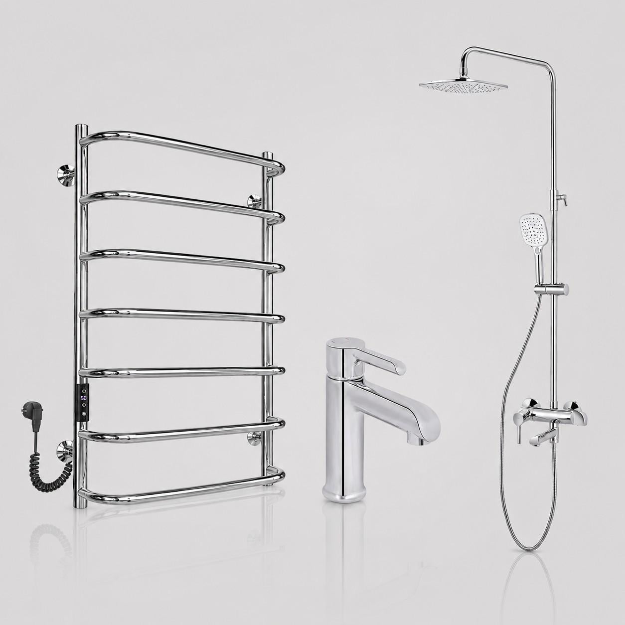 Комплект для ванної Q-tap Grand Chrome/Sunny Polished Душова система 3в1 з виливом/змішувач для раковини/електрична рушникосушарка