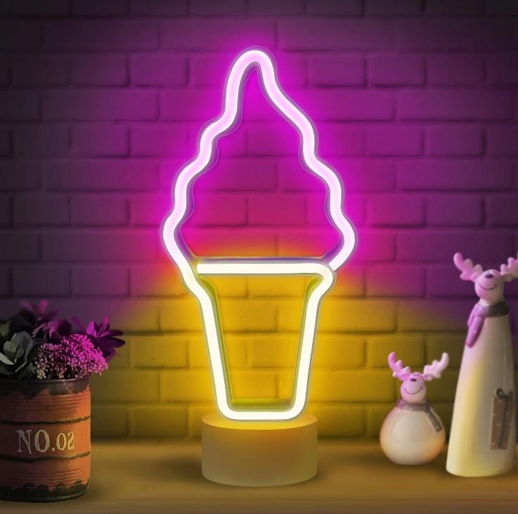 Нічник неоновий Decoration Lamp Морозиво Ріжок USB 3хАА 5 В 28x13x10 см Жовто-рожевий (13546424)