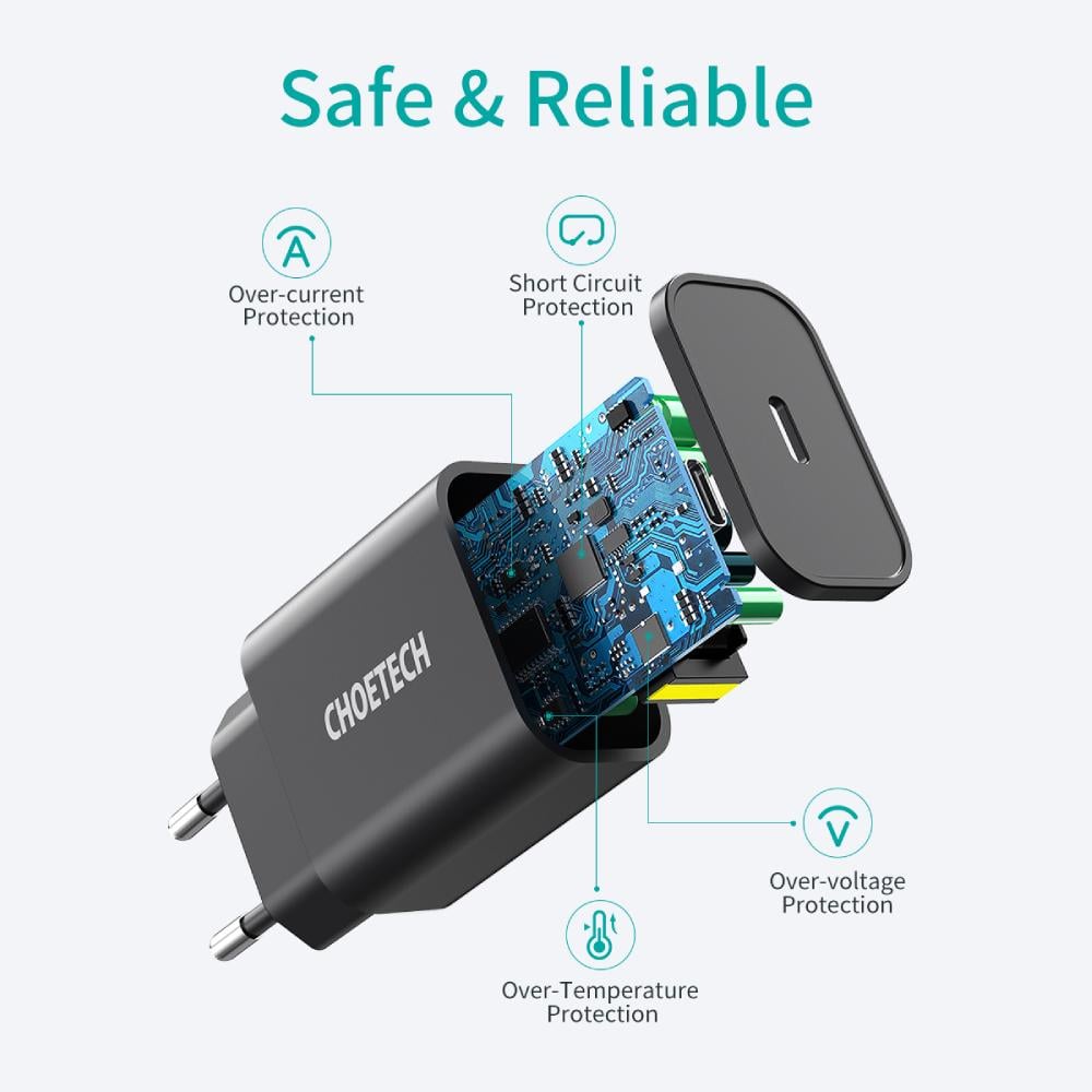 Зарядное устройство для Choetech 20W 1xType-C PD matte wall Charger 5V 3A Black (Q5004-EU-BK) - фото 5