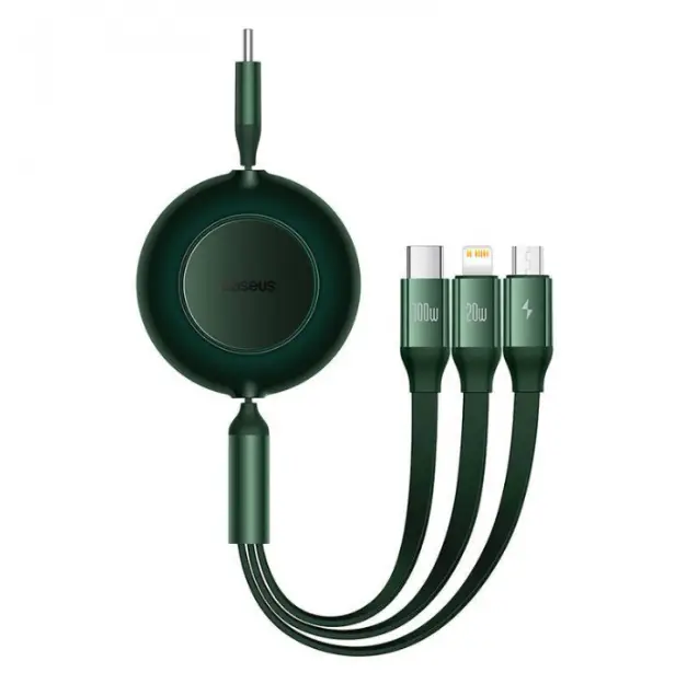 Кабель BASEUS Bright Mirror 2 Series Retractable 3в1 Cable Type-C to MicroUSB/Lightning/Type-C CAMJ010206 100W 1,1 м Green