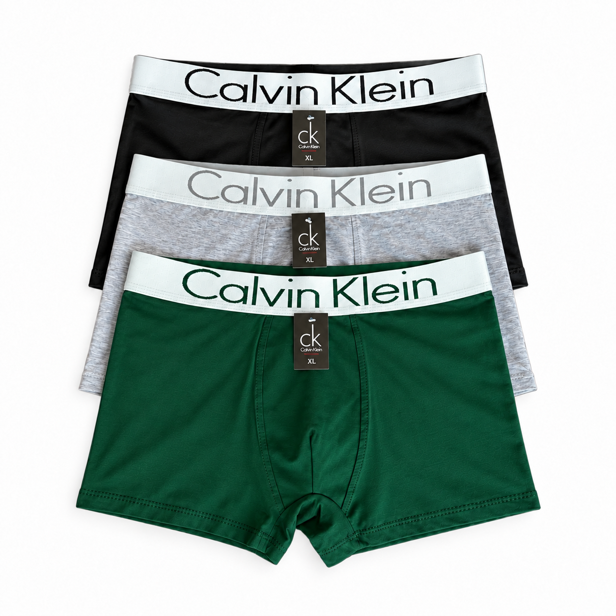 Комплект мужских трусов в стиле Calvin Klein L 3 шт. с белой резинкой Черный/Темно-зеленый/Серый (CK03-3-03)