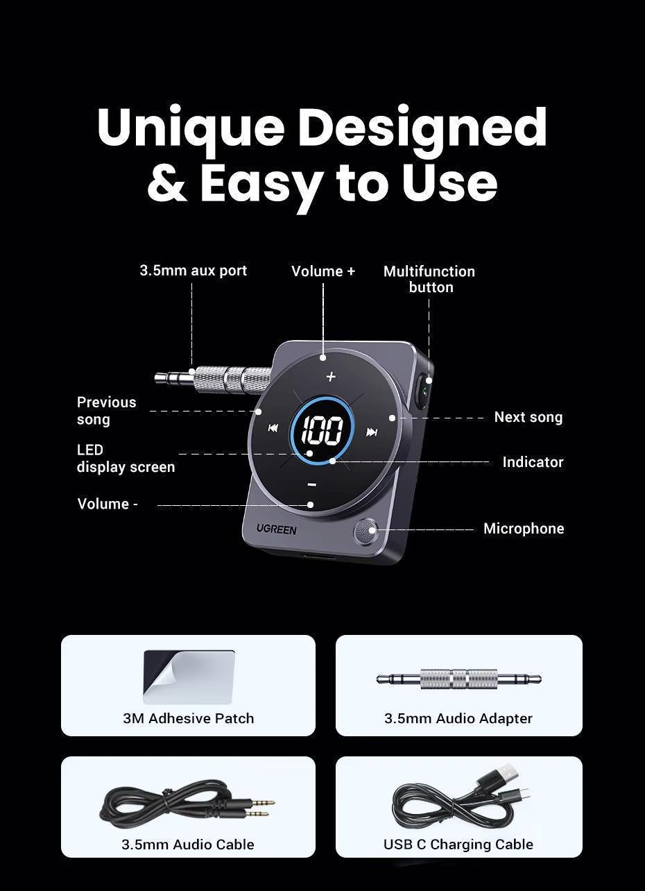 Адаптер UGREEN Bluetooth 5.4 AUX 3,5 мм 300 мАг 20 год Чорний (35003) - фото 7 Адаптер UGREEN Bluetooth 5.4 AUX 3,5 мм 300 мАг 20 год Чорний (35003) - фото 7