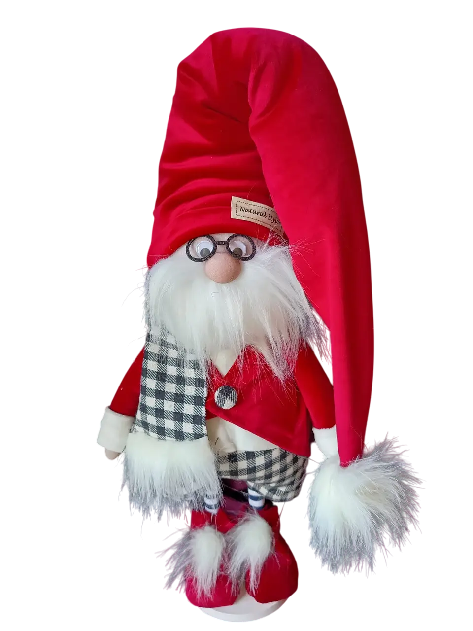 Новогодняя игрушка "Гном Скандинавский в очках" из трикотажа 65 см Красный (150-41- Гном №2)